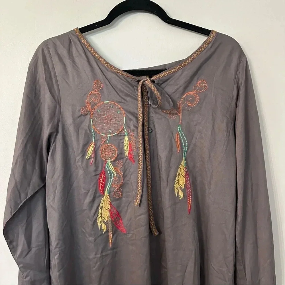 Wrangler Women’s Long Sleeve Dream Catcher Embroidered Tie Neck Dress Sz XL GUC - Picture 3 of 10